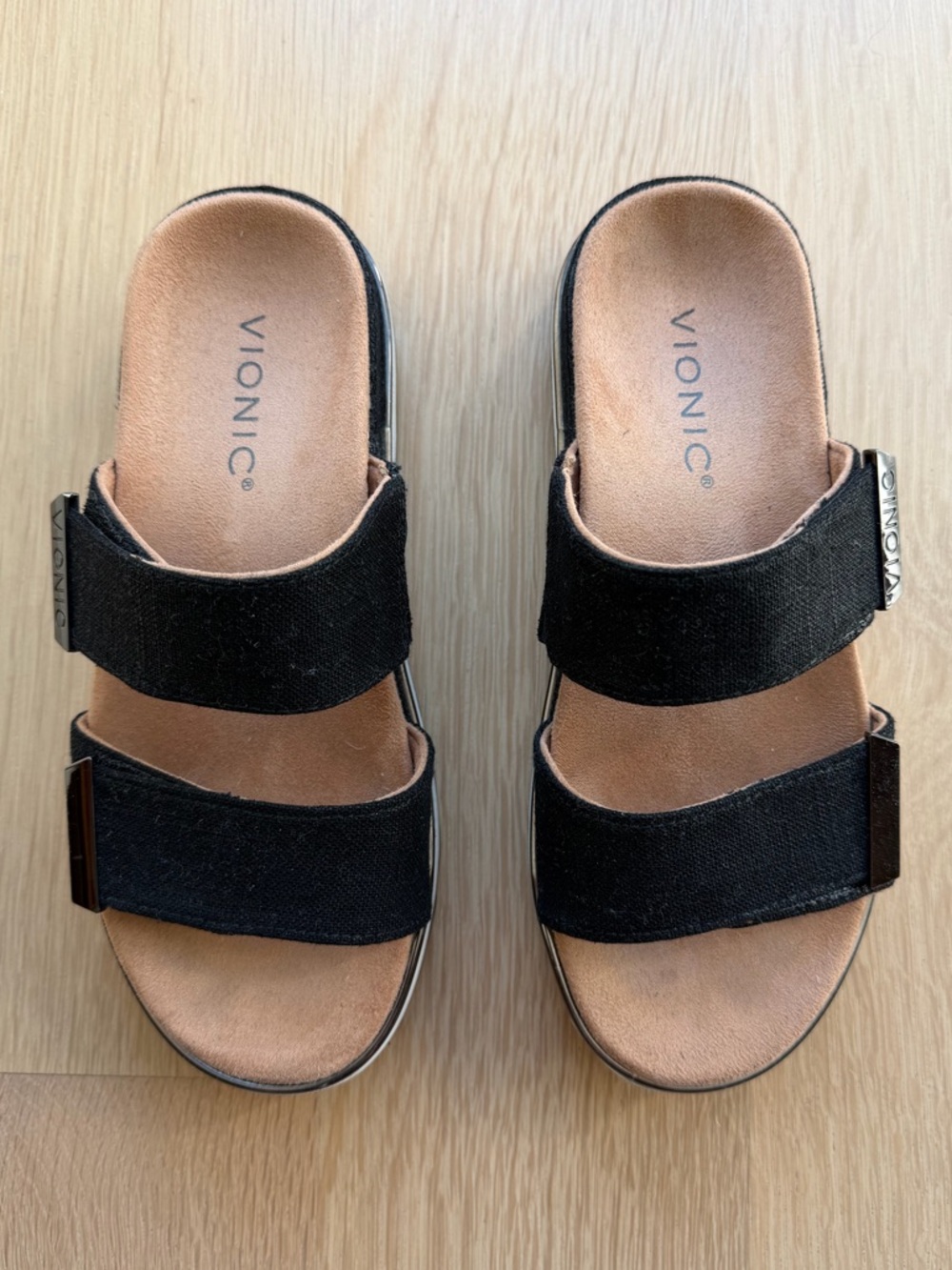 Vionic Black Slide Sandals with Tan Footbed